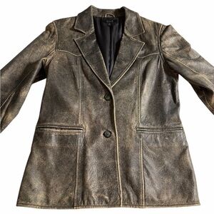 QUE Faux Leather Blazer Jacket – Vintage Distressed Bronze Paisley - Medium